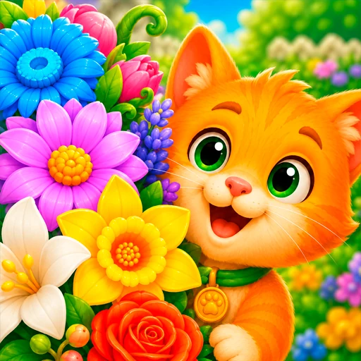 Orange kitten surrounded by colorful flowers in Flower Puzzle: Bouquet Match