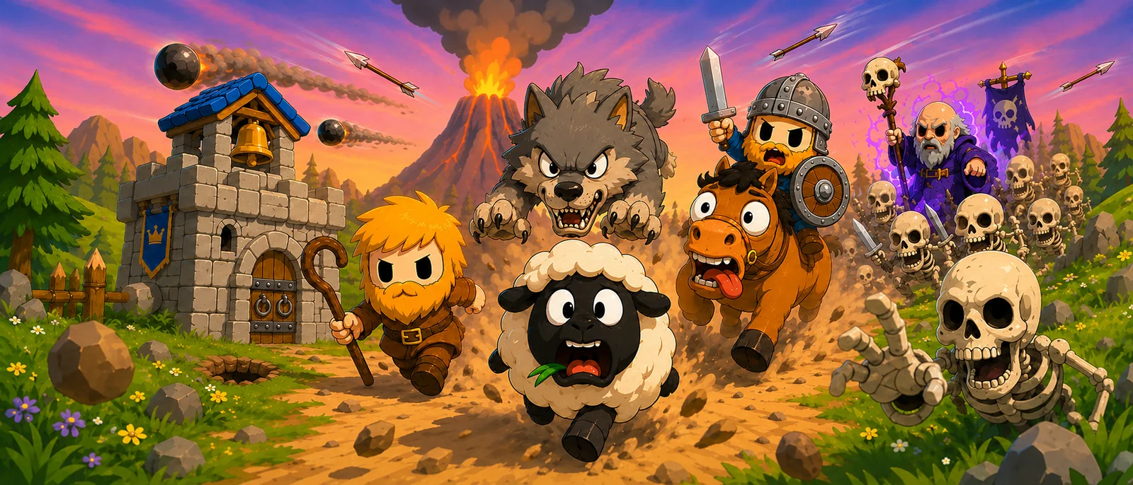 Heroes and villagers fleeing from monsters near a castle in Long Live the Lumberjack