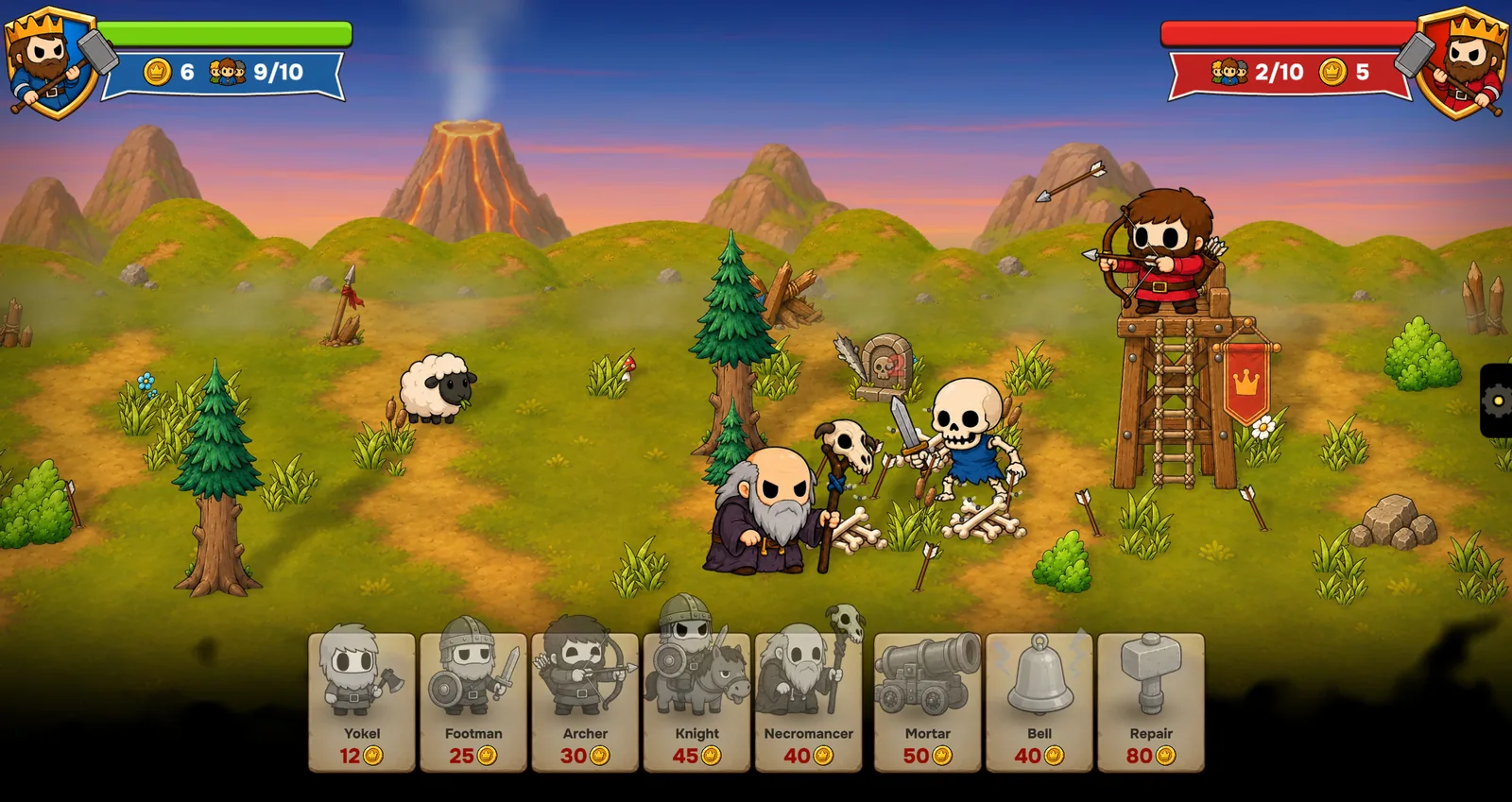 Red archer and necromancer fighting the blue army in Long Live the Lumberjack