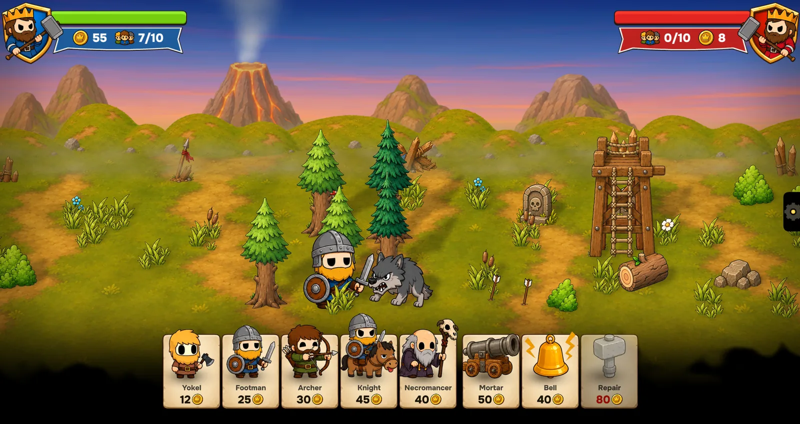 A knight fighting a wolf on the battlefield in Long Live the Lumberjack